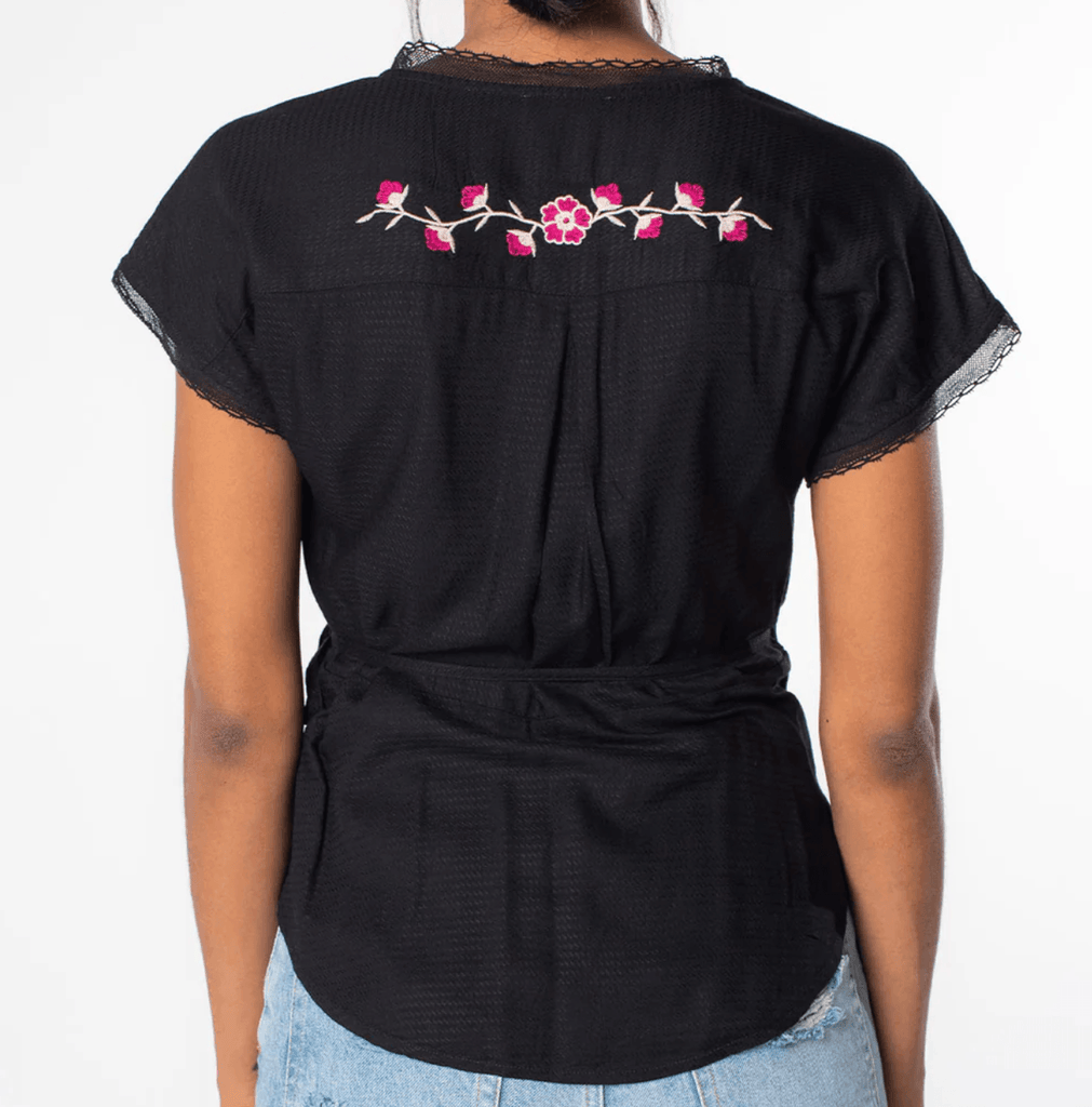 LS 13771W Embroidered Short Sleeve Wrap Front Top - Robin Boutique-Boutique 