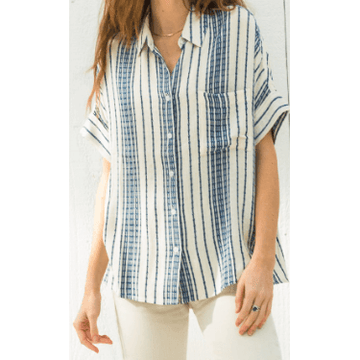 Navy Stripe Short Sleeve Button Down Top - Robin Boutique-Boutique 