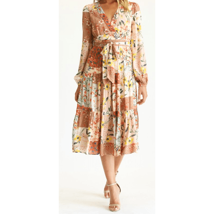 Faux Wrap Patchwork Dress in Floral Pattern with Belt by FATE - Robin Boutique-Boutique 