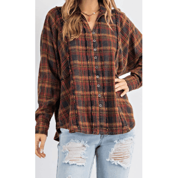 Long Sleeve Plaid Button Down Flannel Collared Shirt - Robin Boutique-Boutique 