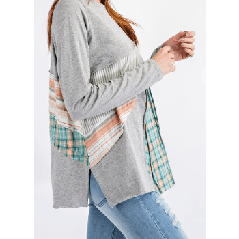 Easel Long Sleeve Mixed Media Plaid Top - Robin Boutique-Boutique 