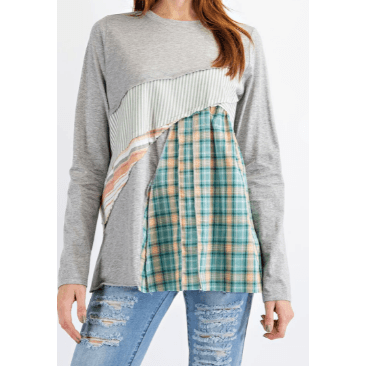 Easel Long Sleeve Mixed Media Plaid Top - Robin Boutique-Boutique 