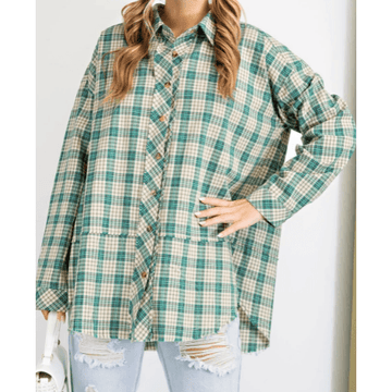 Long sleeve button down sage green flannel shirt - Robin Boutique-Boutique 