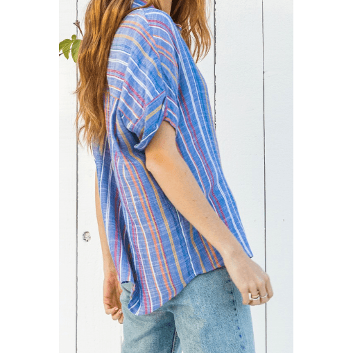 Multi Color Striped Short Sleeve Button Down Collared Shirt - Robin Boutique-Boutique 