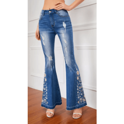 Bell Bottom Distressed Stretch Jeans with Embroidery - Robin Boutique-Boutique 