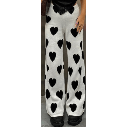 Wide Leg Knit Pants with Black Hearts - Robin Boutique-Boutique 