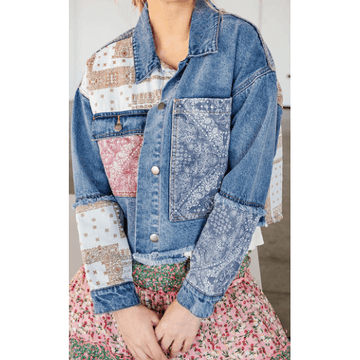 Denim Jacket with Patchwork and Pockets - Robin Boutique-Boutique 