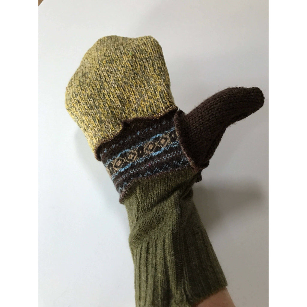 New and Upcycled Recycled Lined sweater mitten gloves in greens and browns. Warm and soft. - Robin Boutique-Boutique    &.  Reloved Fabrics