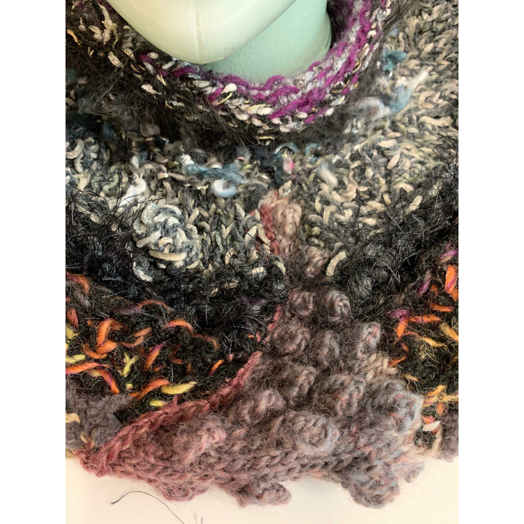 Hand knit in one piece soft infinity shoulder wrap adornment with multiple stitch and color textures. Winter scarf. - Robin Boutique-Boutique    &.  Reloved Fabrics