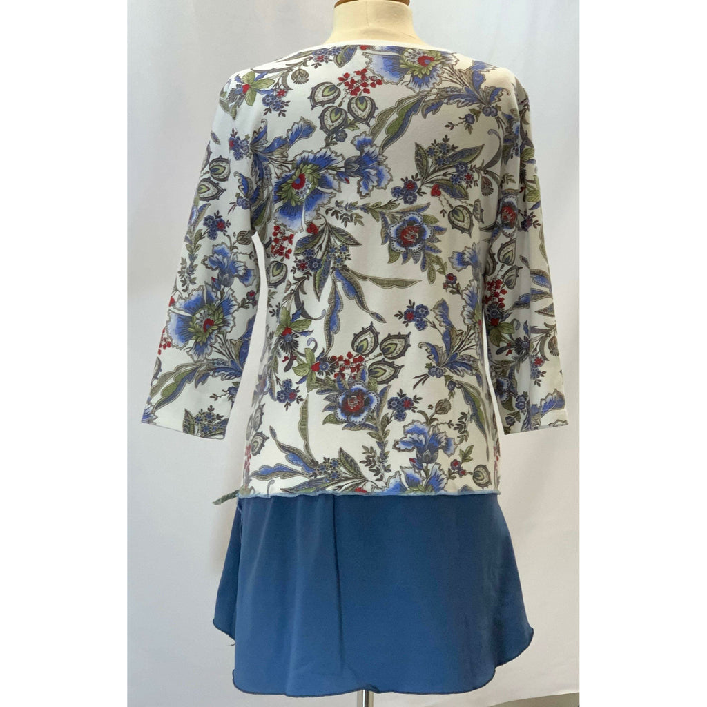 Blue Floral repurposed top into a new tunic size Large. The neckline has snaps to hold in place. The fabric on the bottom is new polyester. - Robin Boutique-Boutique    &.  Reloved Fabrics