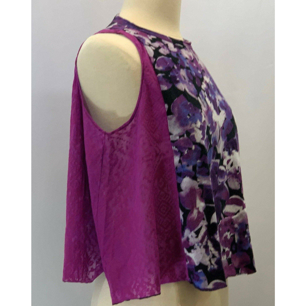 Floral purple sleeveless knit top from repurposed shirt in one size all. - Robin Boutique-Boutique    &.  Reloved Fabrics