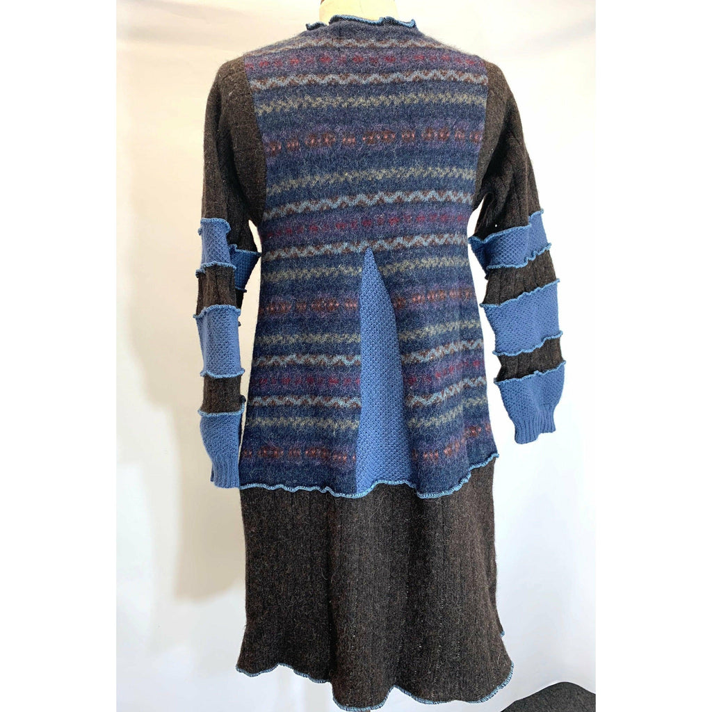 Wool Brown and Blue Button front sweater cardigan jacket in recycled fabrics - Small. Measurements below. Free Shipping. - Robin Boutique-Boutique 