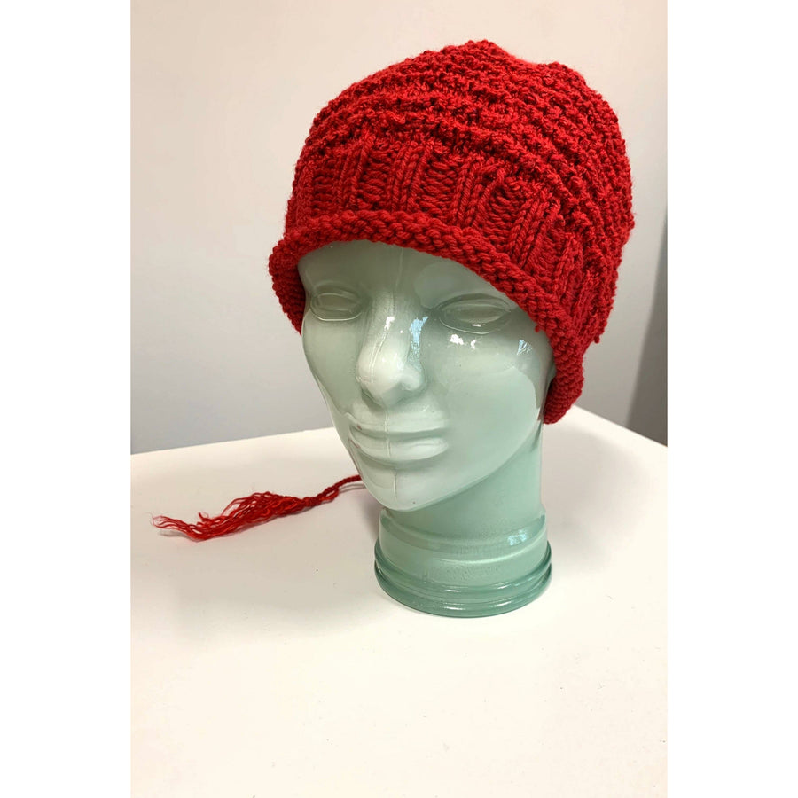 Hand knit red slouchie hat with many textures and fun tail. Vegan = no wool. Freee shipping - Robin Boutique-Boutique    &.  Reloved Fabrics