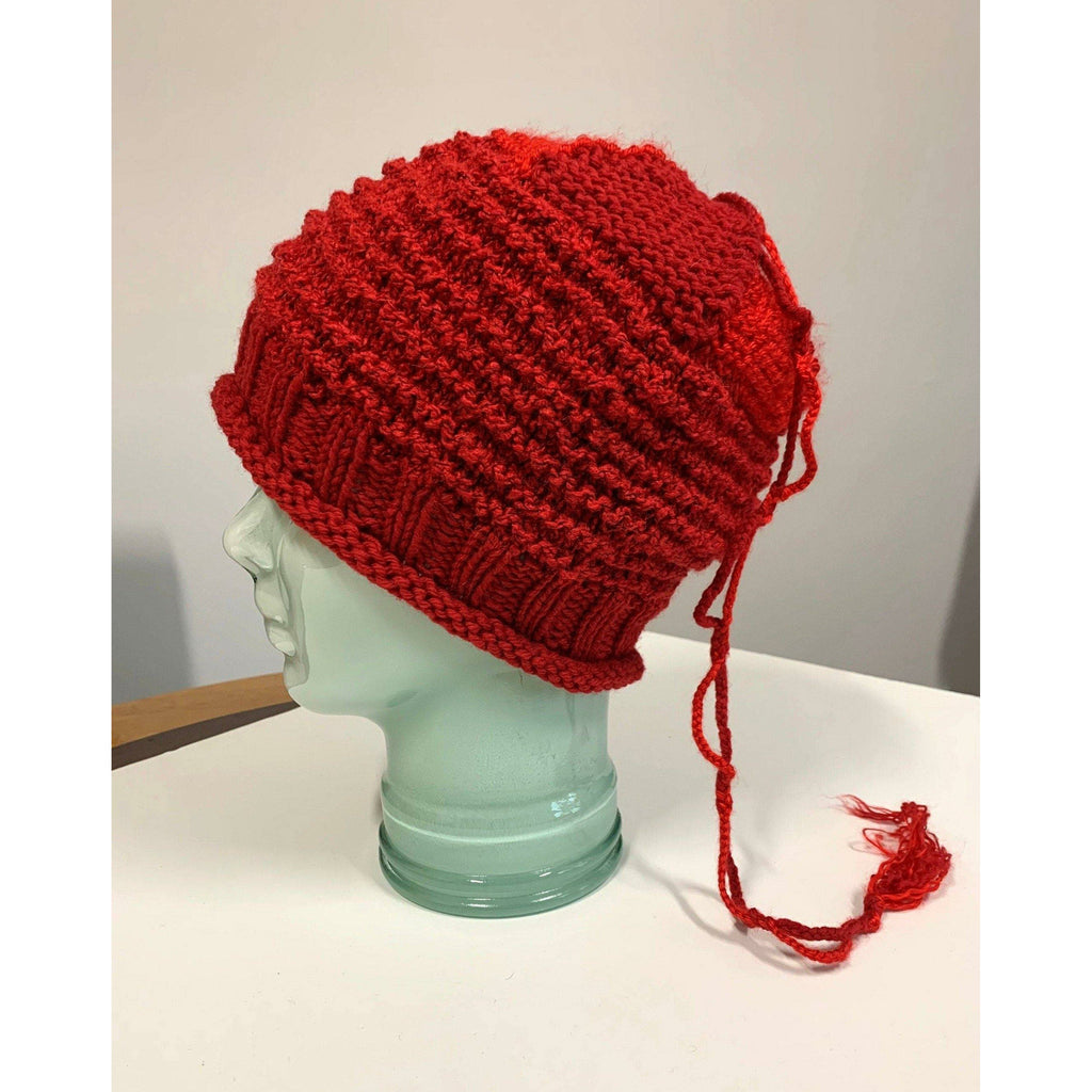 Hand knit red slouchie hat with many textures and fun tail. Vegan = no wool. Freee shipping - Robin Boutique-Boutique    &.  Reloved Fabrics