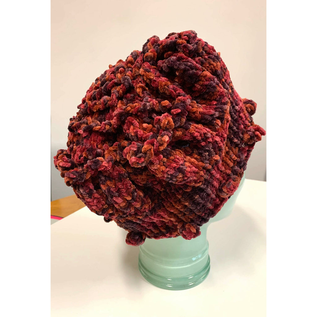 Hand knit soft bulky textural cotton chenille hat in burnt red color with popcorns. - Robin Boutique-Boutique    &.  Reloved Fabrics