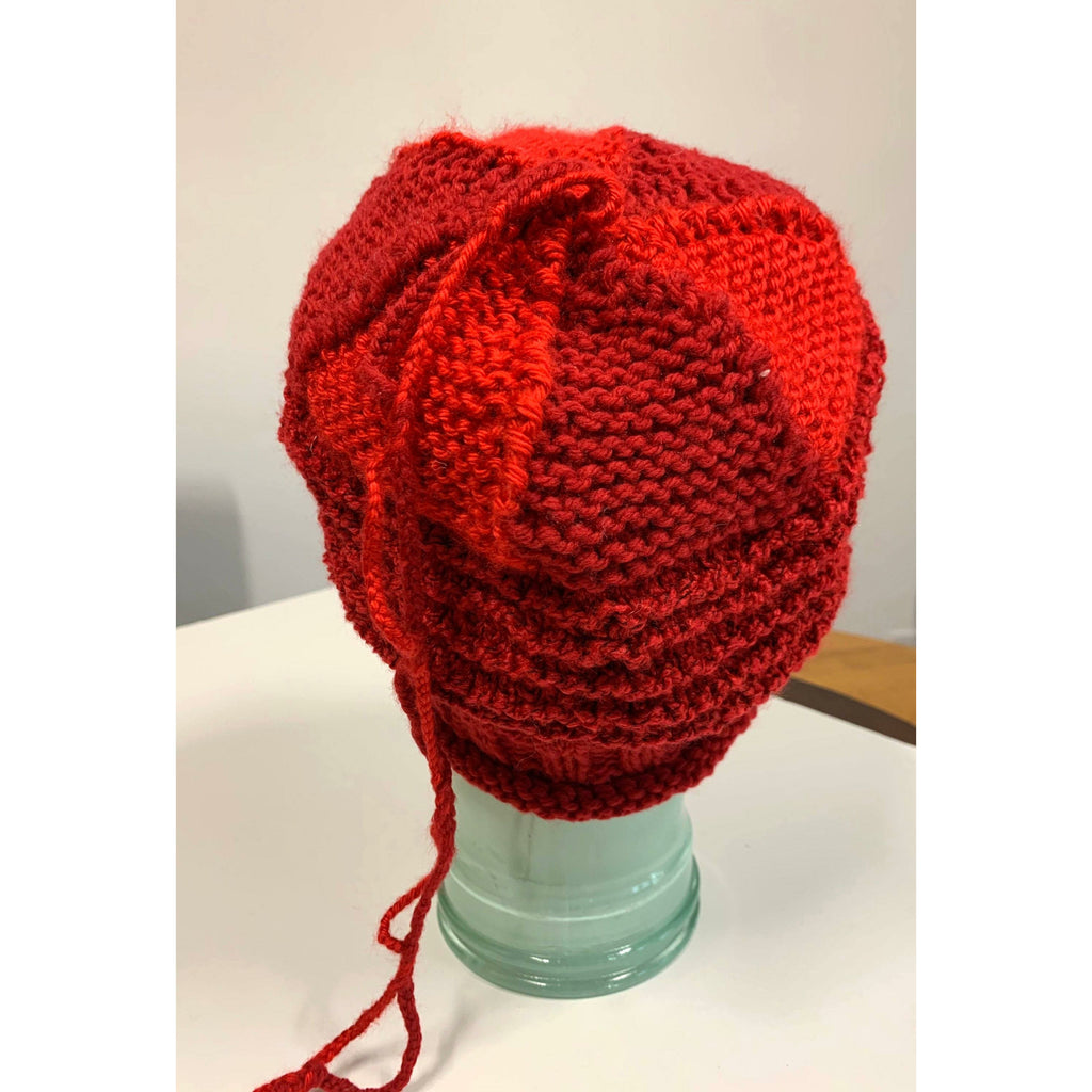 Hand knit red slouchie hat with many textures and fun tail. Vegan = no wool. Freee shipping - Robin Boutique-Boutique    &.  Reloved Fabrics