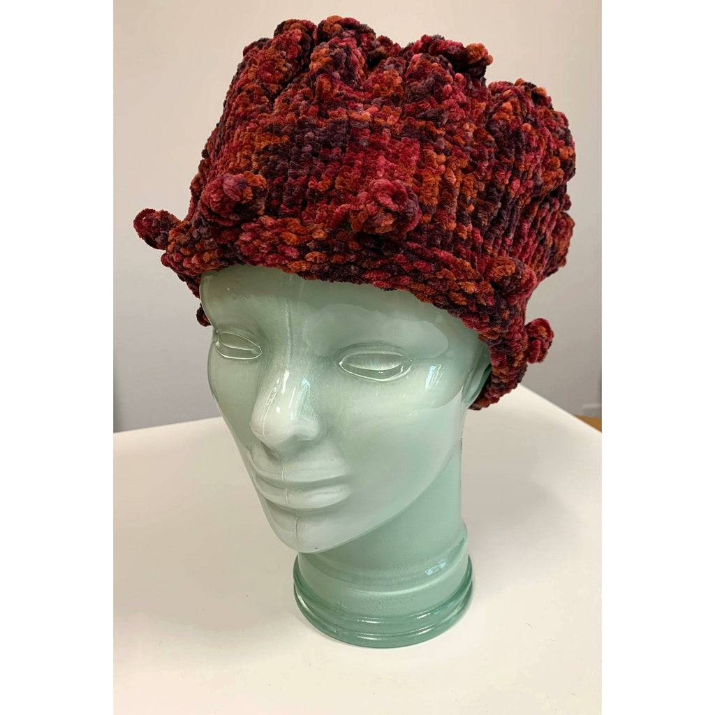 Hand knit soft bulky textural cotton chenille hat in burnt red color with popcorns. - Robin Boutique-Boutique    &.  Reloved Fabrics