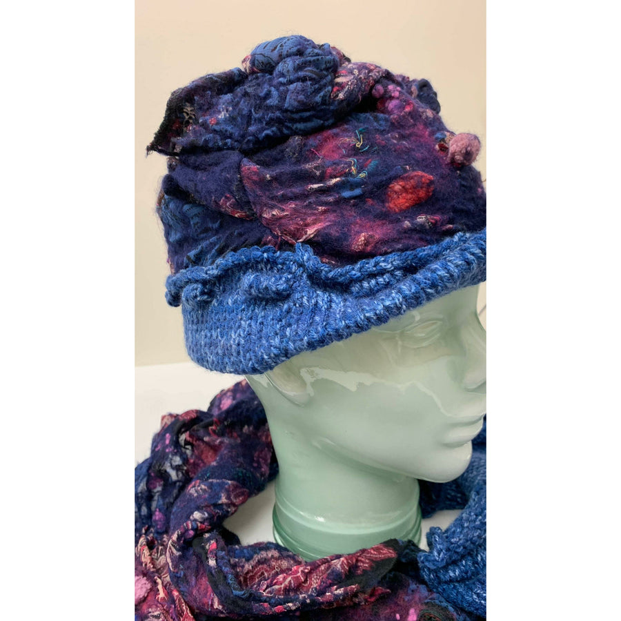 Blue hand-felt lined winter warm blue hat with hand-knit brim. Free Ship USA. - Robin Boutique-Boutique    &.  Reloved Fabrics