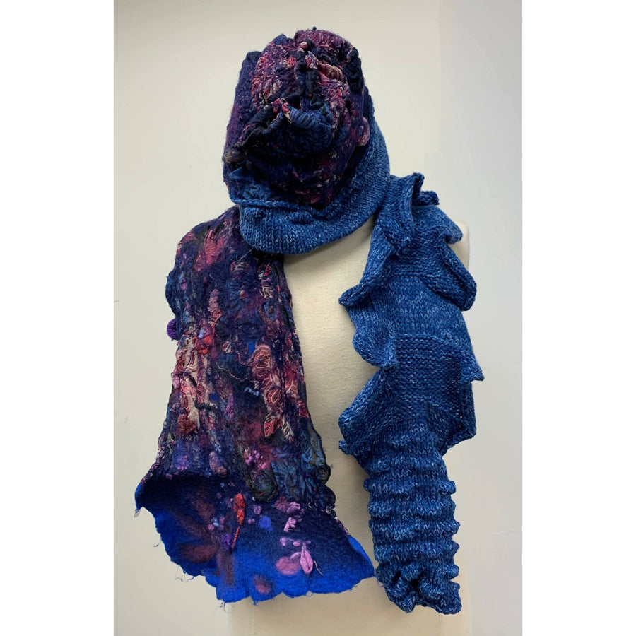 Blue hand-felt lined winter warm blue hat with hand-knit brim. Free Ship USA. - Robin Boutique-Boutique    &.  Reloved Fabrics