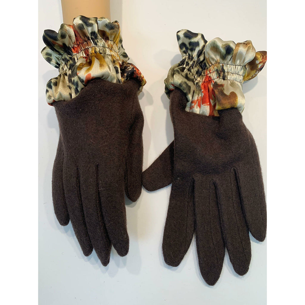 Dark brown full finger wool gloves with shirred satin animal cuffs. Toasty winter gloves stretch fit. Free Shipping - Robin Boutique-Boutique    &.  Reloved Fabrics