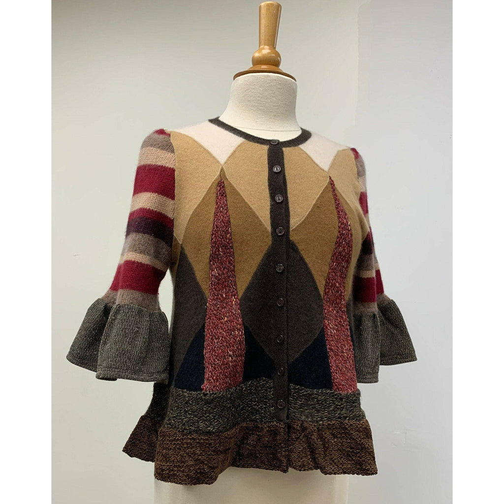 Button front argyle knit cardigan jumper sweater in brown with accents. Wool. Repurposed n new fabrics. Size XSmall, Small to Medium. - Robin Boutique-Boutique    &.  Reloved Fabrics