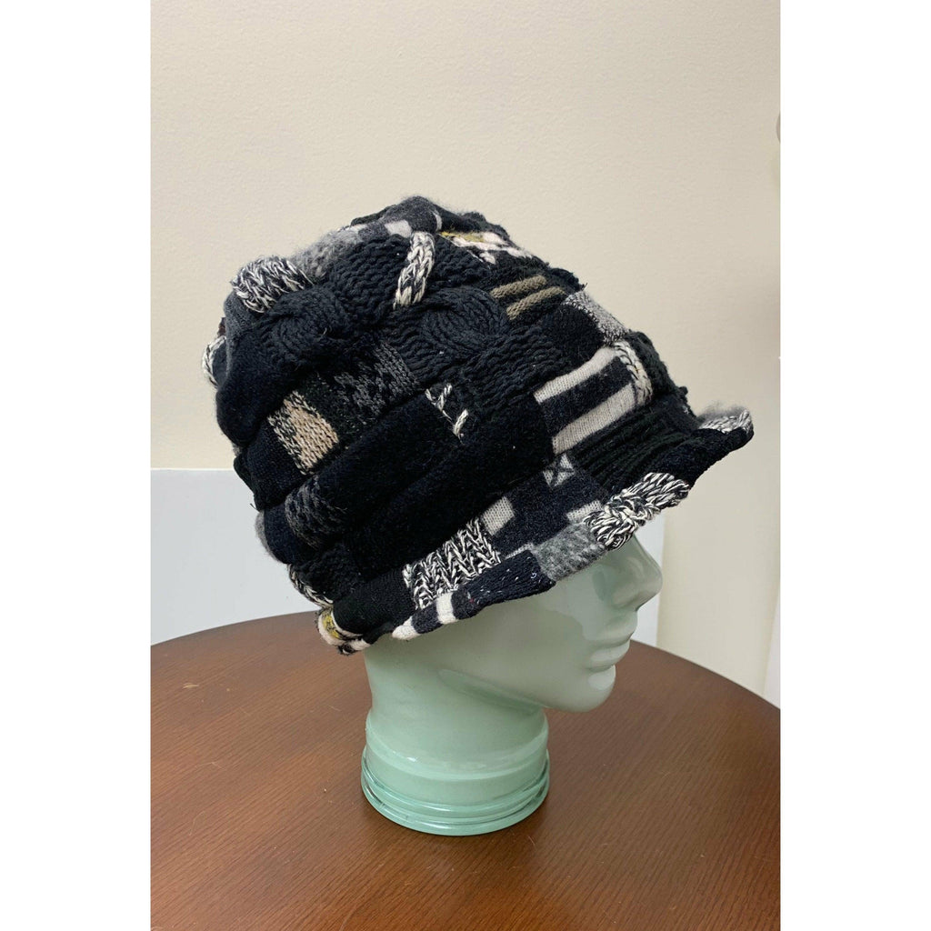 Upcycled patchwork cozy blacks hat. Textures, patterns and shades of black n grays. Black Hat!! Free shipping USA. - Robin Boutique-Boutique 