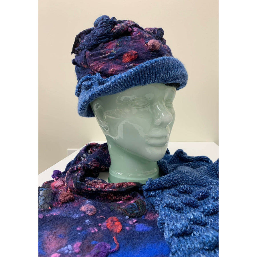 Blue hand-felt lined winter warm blue hat with hand-knit brim. Free Ship USA. - Robin Boutique-Boutique    &.  Reloved Fabrics