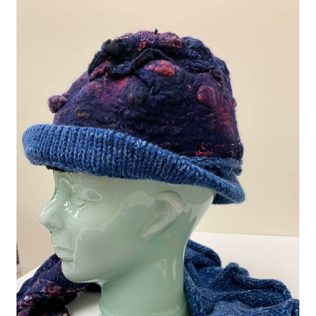 Blue hand-felt lined winter warm blue hat with hand-knit brim. Free Ship USA. - Robin Boutique-Boutique    &.  Reloved Fabrics