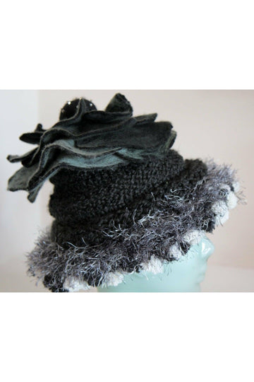 Whimsical black with white and gray hand knit and felt flower hat. - Robin Boutique-Boutique 