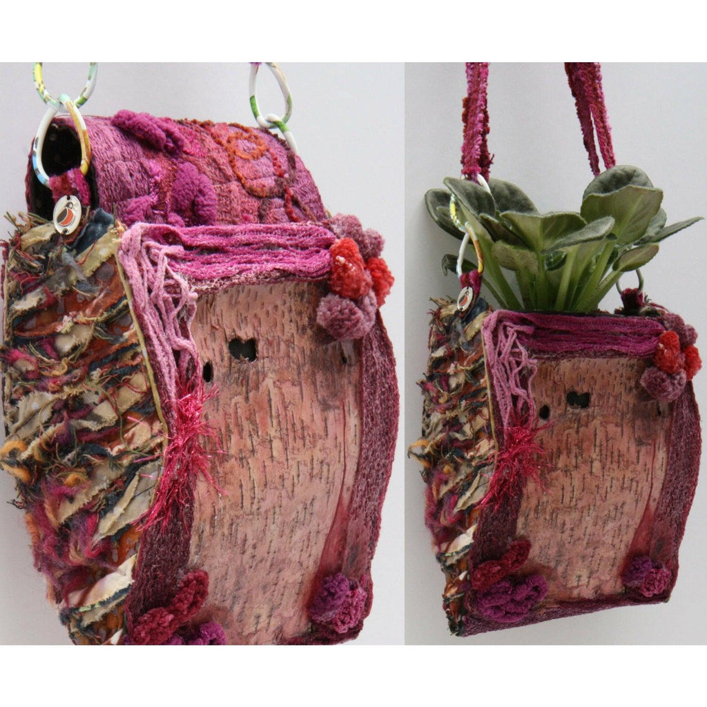 Pink birch bark Handbag purse  or wall hanger with fiber accents. Shoulder or cross body.