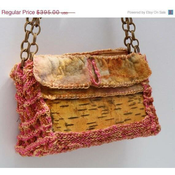 Birch bark with hand knit and cashmere felt accents shoulder clutch hand bag purse. - Robin Boutique-Boutique    &.  Reloved Fabrics