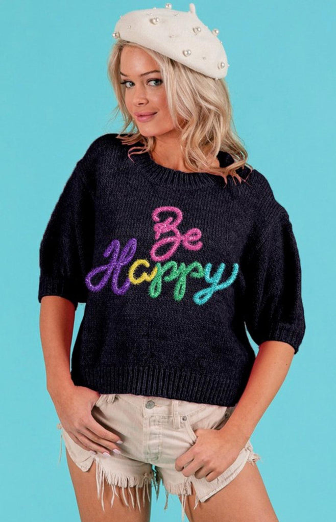 BiBi "Be Happy " Metallic Letter Short Sleeve Sweater Top IP6625-23 - Robin Boutique-Boutique 