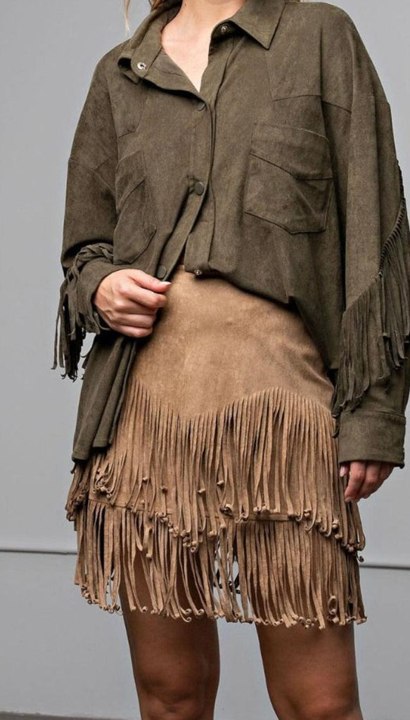 Easel Faux Khaki Suede Fringe Skirt - Robin Boutique-Boutique 