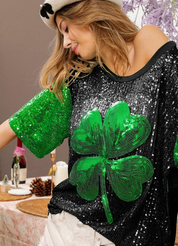 Short Sleeve Sequins Shamrock Shirt - Robin Boutique-Boutique 