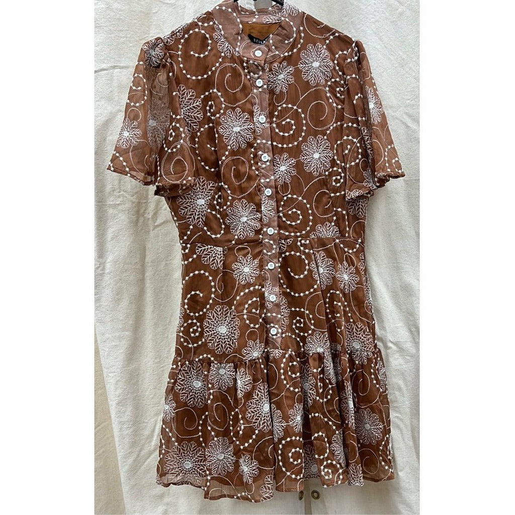 Embroidered summer short dress in brown and white by Beulah - Robin Boutique-Boutique 