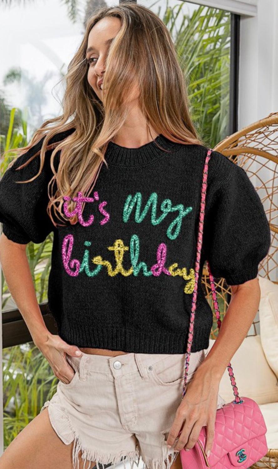 BiBi "It's My Birthday" Metallic Letter Short Sleeve Sweater Top IP6625-20 - Robin Boutique-Boutique 