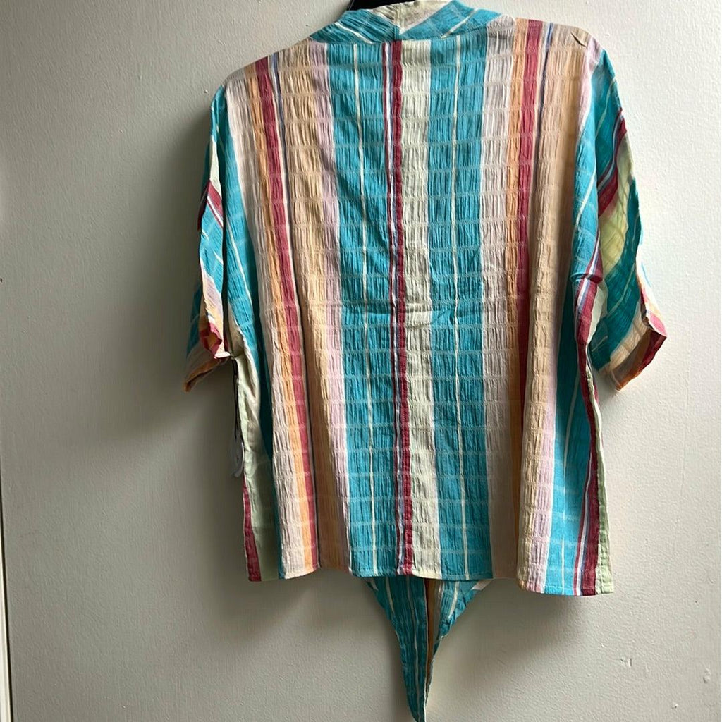 Multi Stripe Short Sleeve Front Button Blouse - Robin Boutique-Boutique 