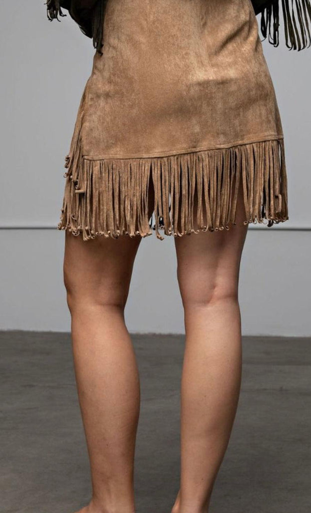 Easel Faux Khaki Suede Fringe Skirt - Robin Boutique-Boutique 