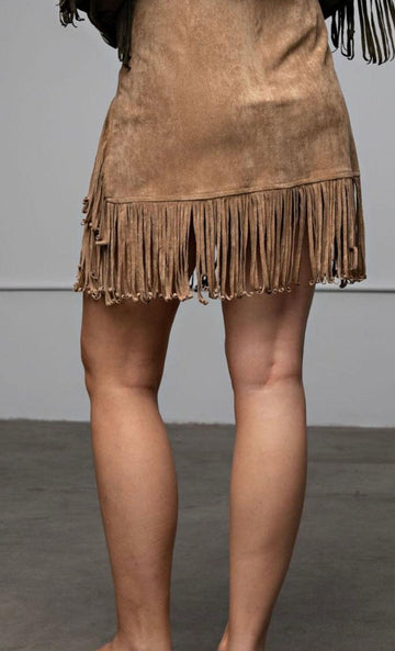 Easel Faux Khaki Suede Fringe Skirt - Robin Boutique-Boutique 